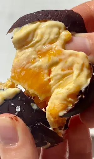 No-Bake Mango Yogurt Chocolate Bites recipe card - showing the creamy mango yogurt filling inside dark chocolate shell